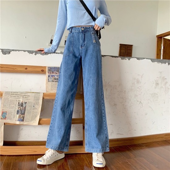 High waist dark blue denim pants