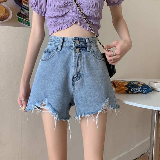 A line denim high waist shorts