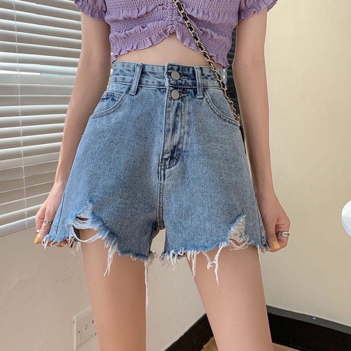 A line denim high waist shorts