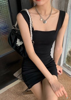 Black square neck sleeveless dress