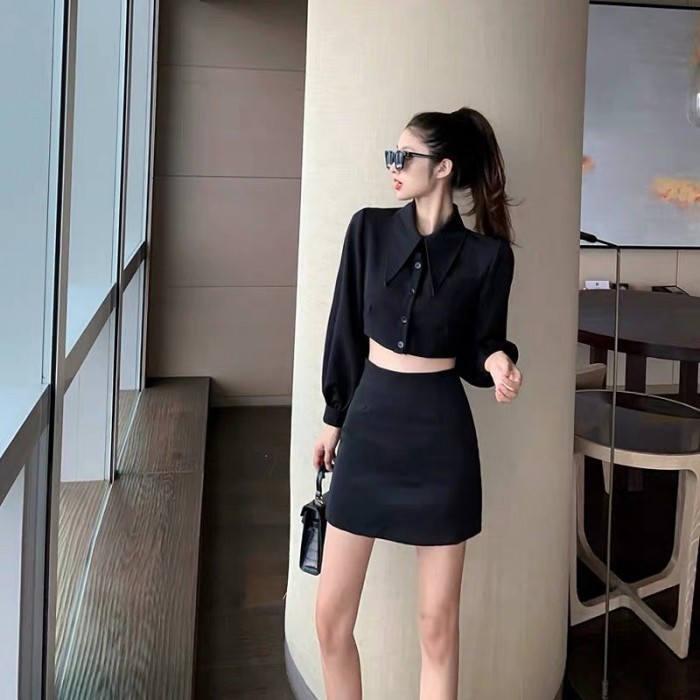 Collar long sleeve crop blouse & high waist skirt