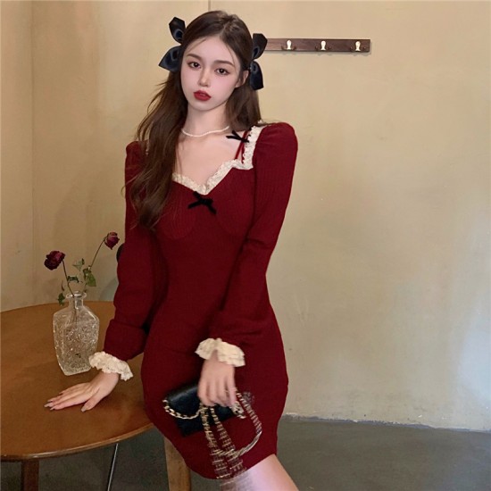 Long sleeve lace trim dress (CNY007)