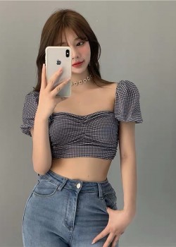 Checkered puffy sleeve crop top