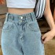 High waist double button denim long pants