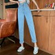 High waist double button denim long pants