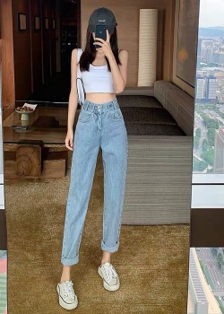 High waist double button denim long pants