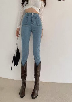 High waist double button denim pants