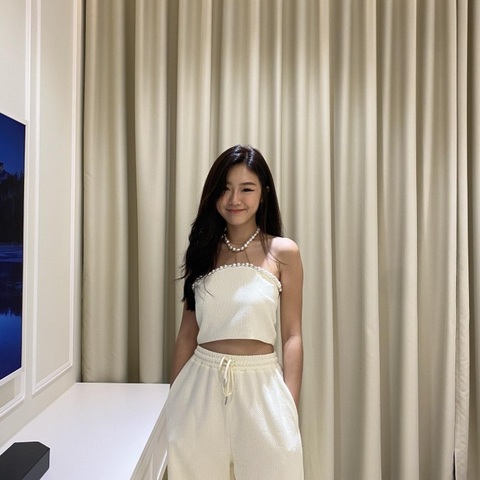 Beige Tweed Top & Long Pants Set