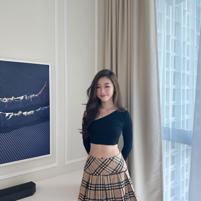 Slanted Long Sleeve Crop Top & Checkered Skirt Set