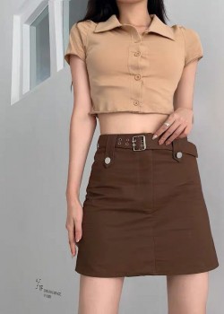 Khaki polo top & khaki high waist skirt set wear