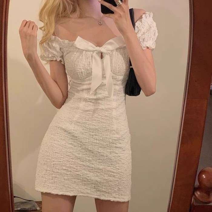 White ribbon short sleeve dress