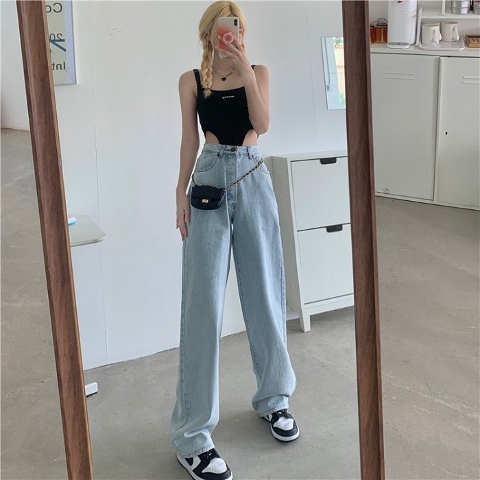 Denim high waist long pants