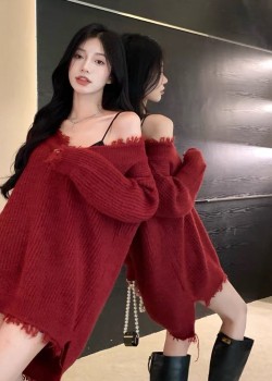 V neck wine red knitted sweater