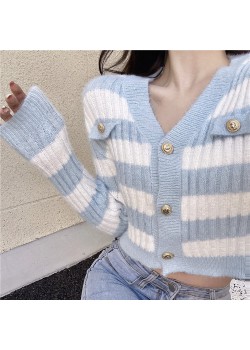 V neck stripe knitted blouse