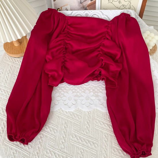 Off shoulder satin long sleeve blouse (CNY2106)