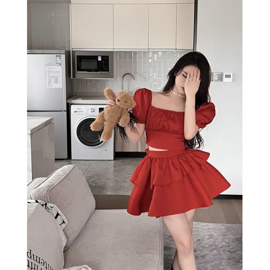 Red Puffy Sleeve Blouse & Skirt Set