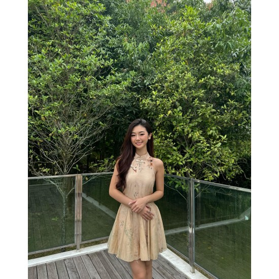 Khaki Floral Halter Cheongsam Dress