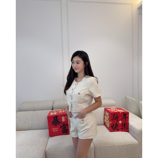 Almond Tweed Blouse & Shorts Set