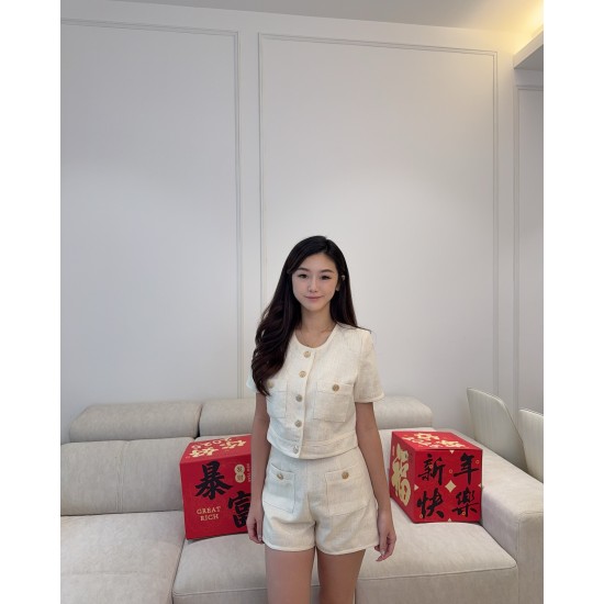 Almond Tweed Blouse & Shorts Set