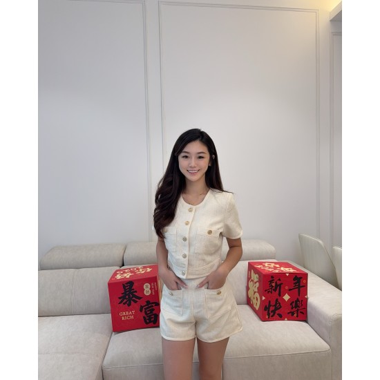 Almond Tweed Blouse & Shorts Set