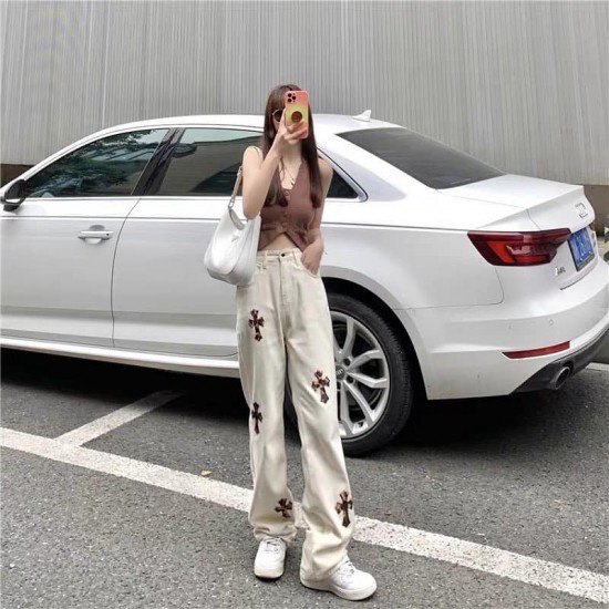 Cross Design Denim White High Waist Long Pants