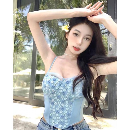 Blue Floral Sleeveless Blouse