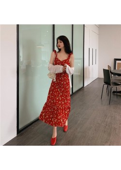 Sleeveless floral red dress (CNY011)