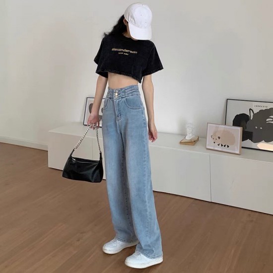 High waist denim wide leg pants