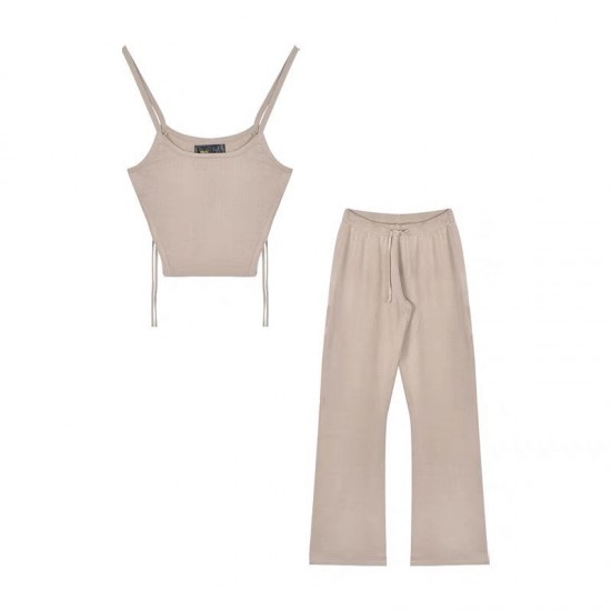 Khaki camisole & high waist long pants set wear