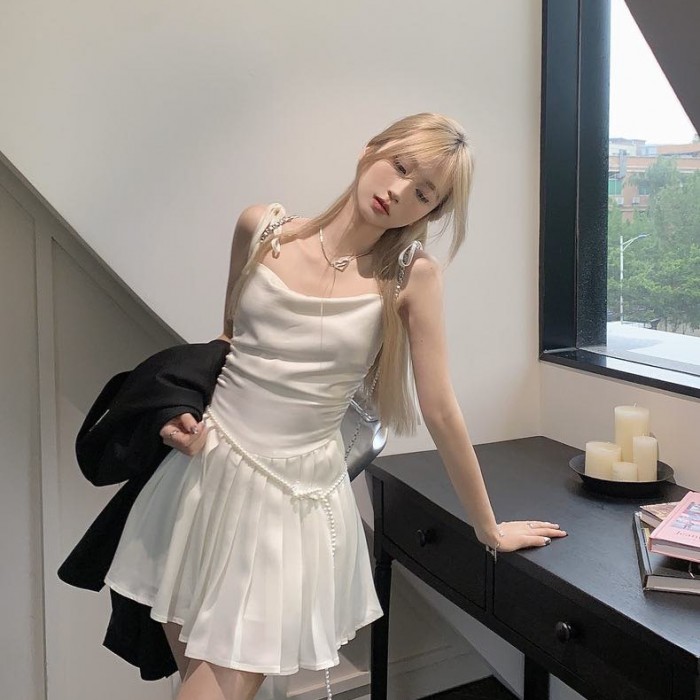 Satin Sleeveless Dress with Pearl Belt