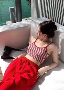 Red Stripes Crop Singlet & Red Long Pants Set