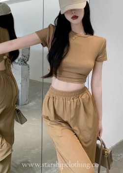 Padded Crop Top & High Waist Long Pants Set