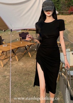 Short Sleeve Long Slit Dress