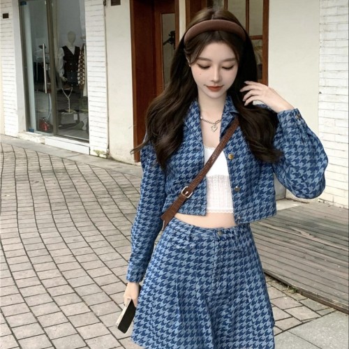 Houndstooth Suit Jacket Pleated Skirt Set