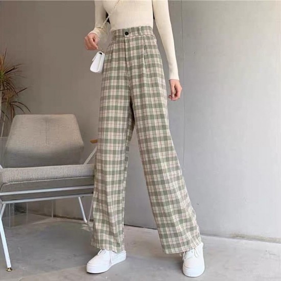 High Waist Checkered Long Pants