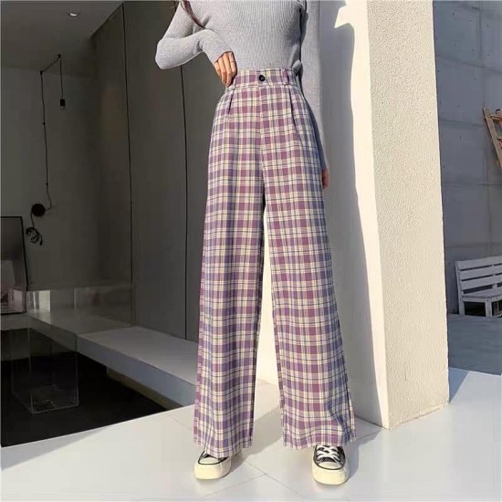 High Waist Checkered Long Pants