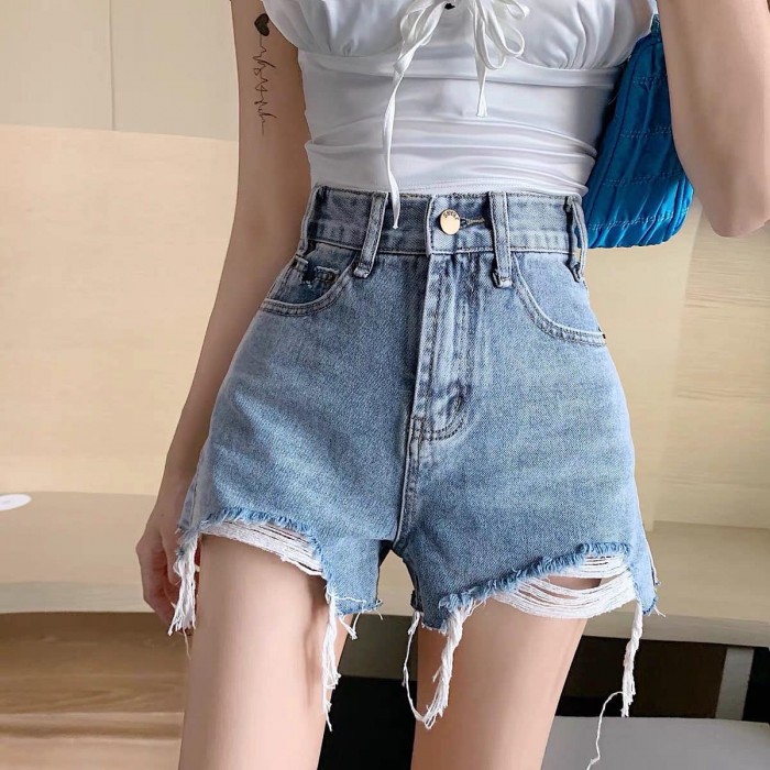 Ripped High Waist Denim Shorts