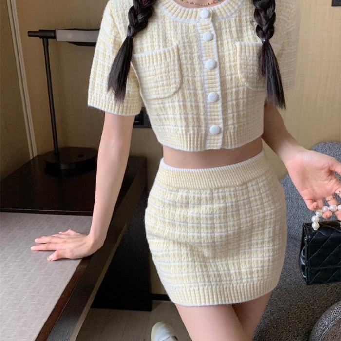 Knitted Short Sleeve Blouse & Skirt Set Wear