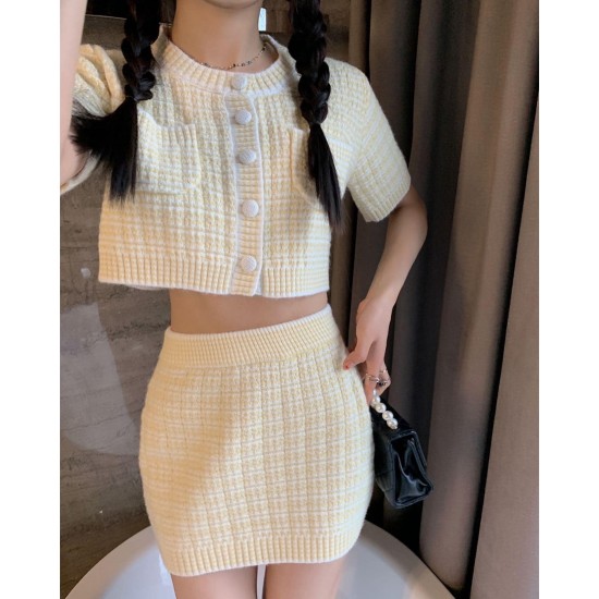 Knitted Short Sleeve Blouse & Skirt Set Wear