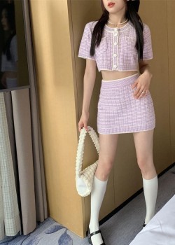 Knitted Short Sleeve Blouse & Skirt Set Wear