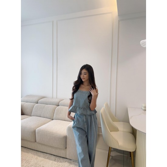 Denim Flare Top & Long Pants Set