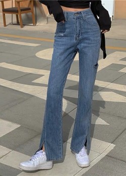 Denim high waist ripped straight pants