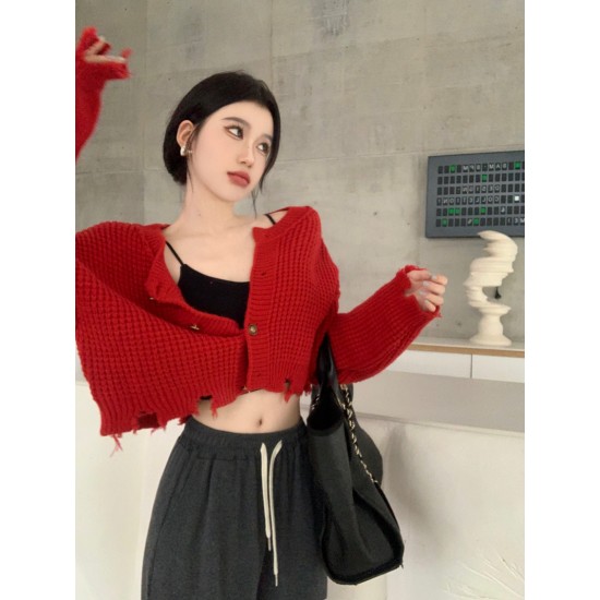 Red Knitted Button Long Sleeve Top