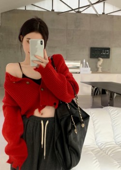 Red Knitted Button Long Sleeve Top