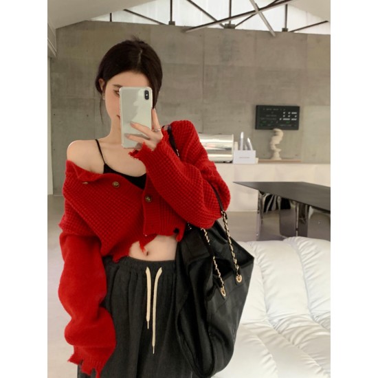 Red Knitted Button Long Sleeve Top