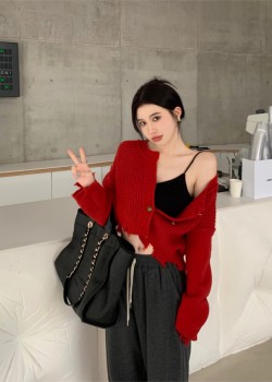 Red Knitted Button Long Sleeve Top