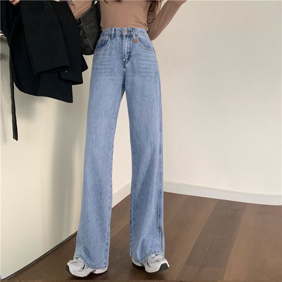 High waist denim straight slit pants