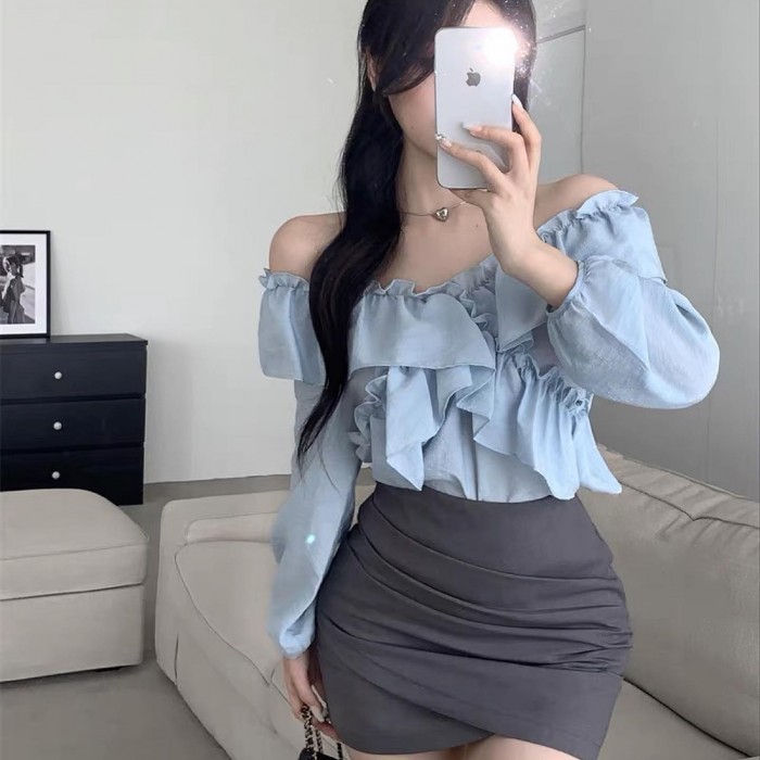 Blue Ruffle Blouse & Grey High Waist Skirt Set