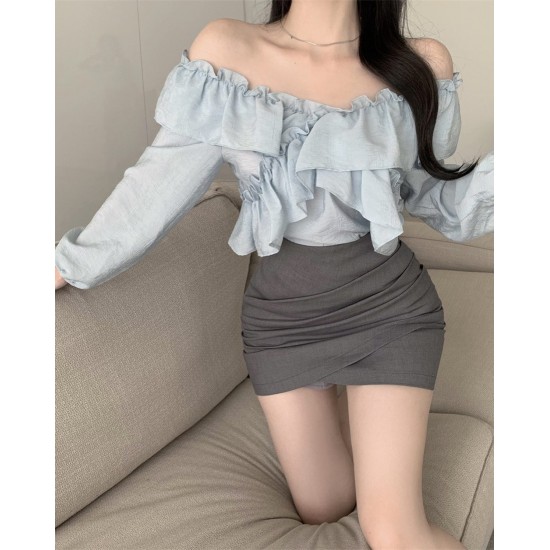 Blue Ruffle Blouse & Grey High Waist Skirt Set