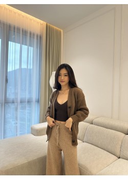 Brown Knitted Cardigan / Khaki Drawstring Comfy Long Pants